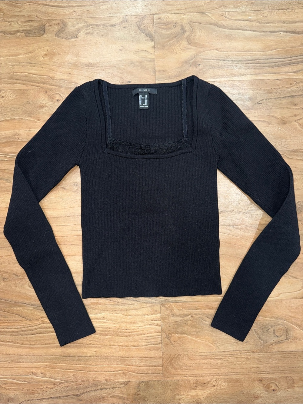 Forever 21 Black Square-Neck Ribbed Long-Sleeve Top with Lace Trim